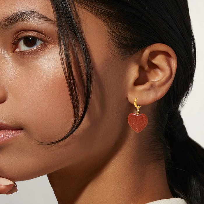 Boucles d'oreilles pendantes en forme de cœur en grès or rouge rétro à la mode en acier inoxydable