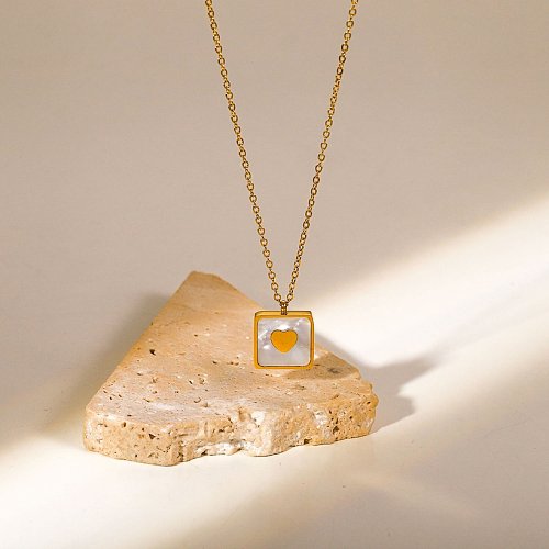 simple 18K Gold Plated Stainless Steel HeartShaped Square White Shell Necklace