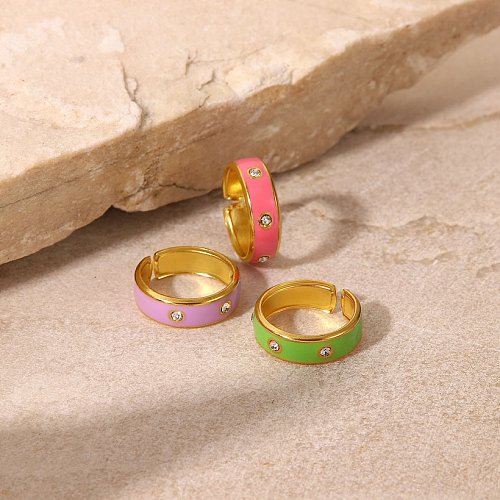 Fashion NonFading Drip Open 18K Gold Stainless Steel Inlaid Zircon PurplePinkGreen Ring