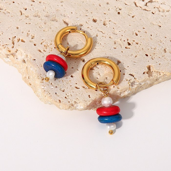 Fashion new retro blue flat bead pendant stainless steel earrings