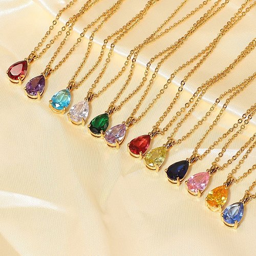 simple 18K goldplated color zircon stainless steel dropshaped pendant necklace