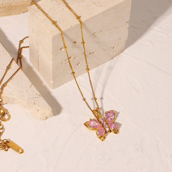 nuevo collar con colgante en forma de mariposa de circón rosa de acero inoxidable chapado en oro de 18 quilates