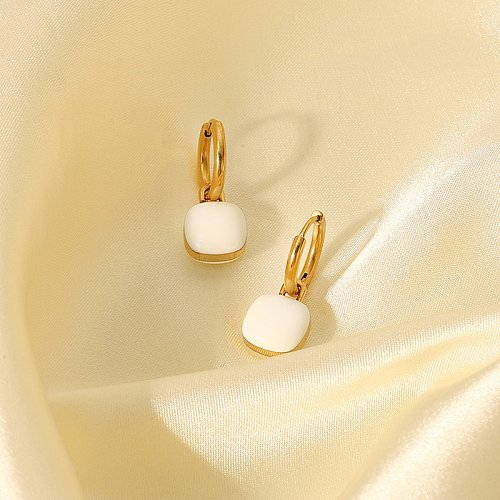 simple 14K gold stainless steel white dripping oil square pendant earrings