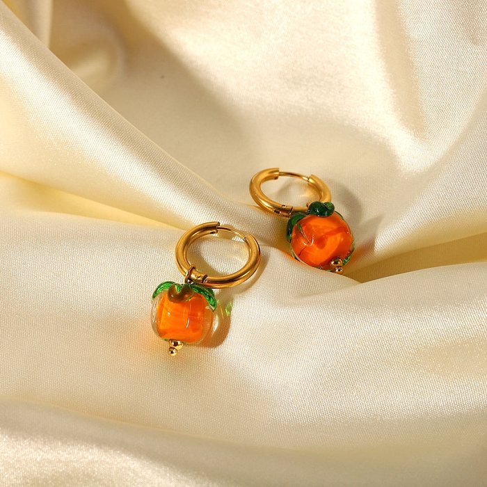 creative cute glass beads persimmon pendant 18K gold stainless steel earrings