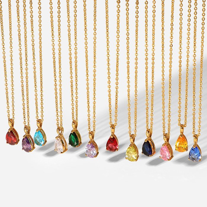 simple 18K goldplated color zircon stainless steel dropshaped pendant necklace