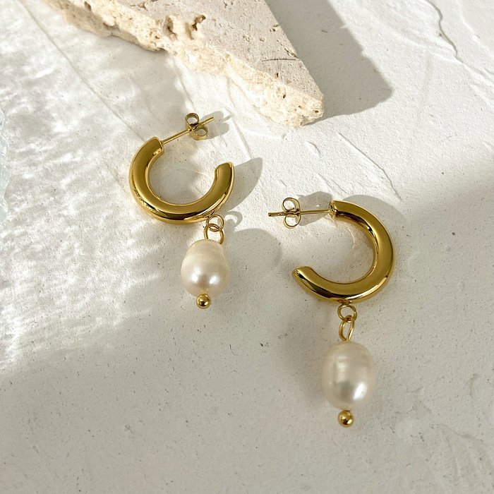 vente en gros de boucles d'oreilles créoles pendentif perle en forme de C en acier inoxydable bijoux