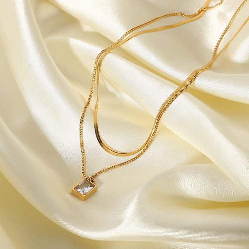 Corrente de cobra de dupla camada de aço inoxidável 18K mini colar quadrado de cristal Atacado joias