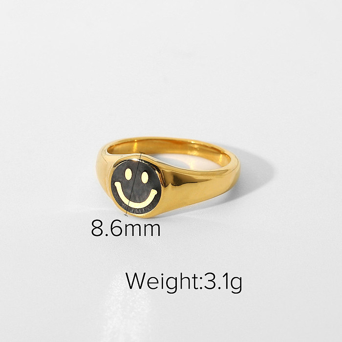 Anillo de cara sonriente con goteo negro Joyas de anillo de acero inoxidable de oro de 18 quilates