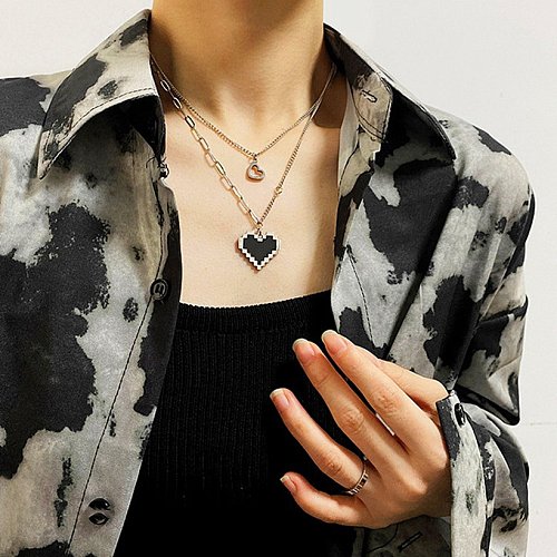 European and American Ins Light Luxury Black Mosaic Heart Double Layer Twin Necklace 18K GoldPlated Necklace Ornament for Women