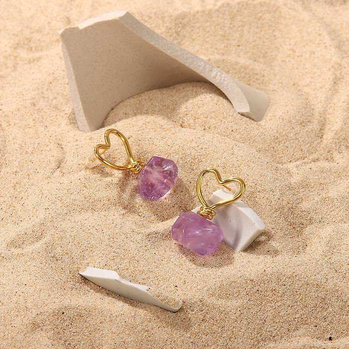 fashion Hollow Heart Shape Irregular Purple Stone pendant 18K Gold plated Stainless Steel Earrings