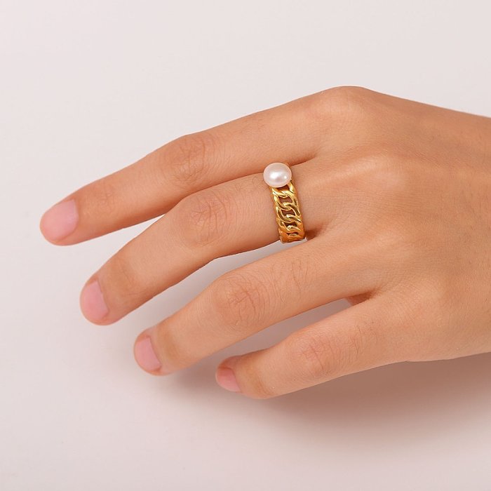 Novo estilo corrente de aço inoxidável banhado a ouro 18K anel de pérolas
