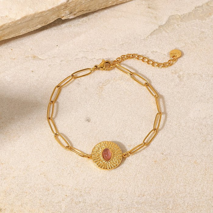 Pulsera de acero inoxidable con cadena cruzada de piedra ovalada con incrustaciones de marca redonda chapada en oro de 18 quilates a la moda para mujer