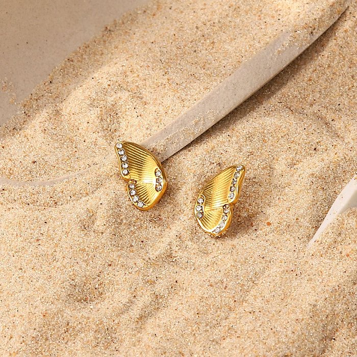 Fashion 18K Gold Stainless Steel Geometric Butterfly Wings Inlaid Zirconium Stud Earrings