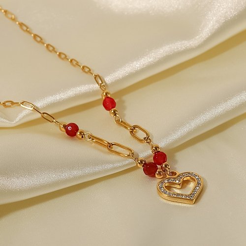 Fashion Heart Shape Stainless Steel Pendant Necklace Gold Plated Inlay Artificial Diamond Stainless Steel Necklaces