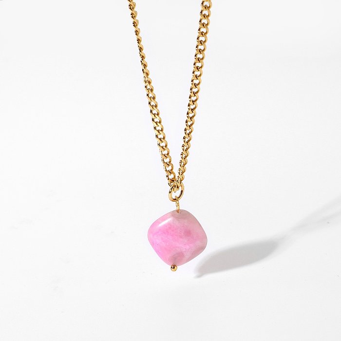 retro goldplated stainless steel pink natural stone necklace wholesale jewelry