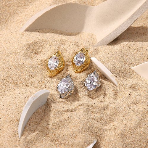 Fashion 14K goldplated stainless steel hammer pattern inlaid zircon earrings