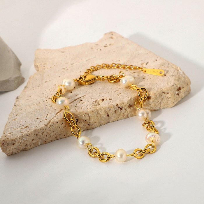 Produto de venda imperdível europeu e americano ins aço inoxidável 18k banhado a ouro 6 pulseira de corrente de pérolas de água doce natural pulseira feminina