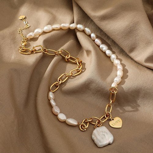 Simple Style Stainless Steel Letter Pattern Heart shape Twist Necklace Artificial Pearl Stainless Steel Necklaces