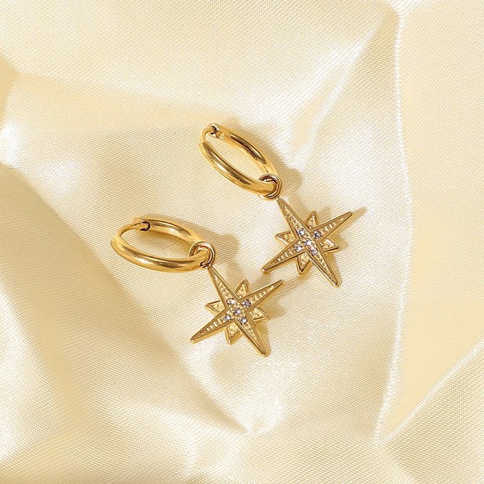 Creative stainless steel14K gold eightpointed star inlaid five zircon pendant earrings