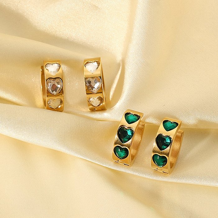 brincos de aço inoxidável com incrustações de zircão de coração de ouro verde 14 k fashion