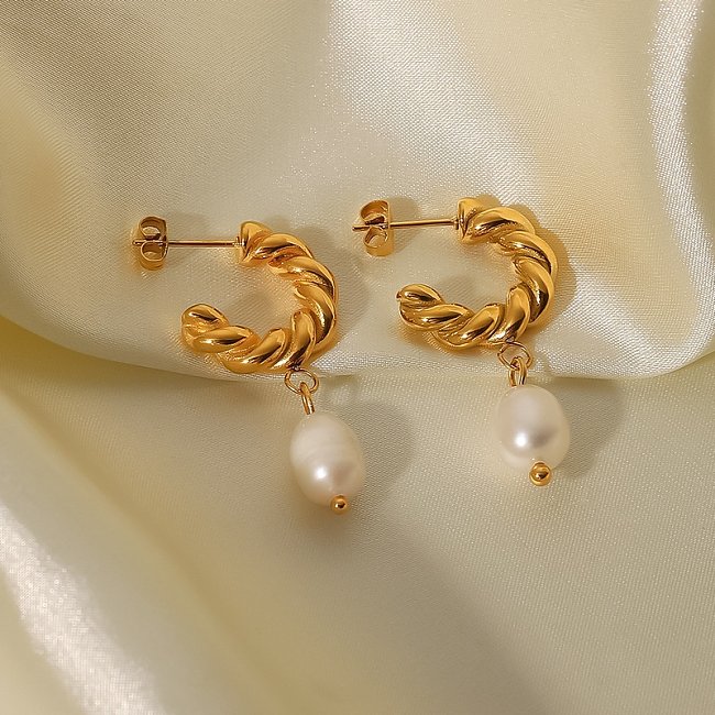 Fashion Geometric Stainless Steel Drop Earrings Gold Plated Pearl Stainless Steel Earrings