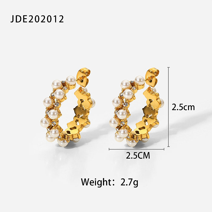 fashion doublelayer pearl zircon inlaid Cshaped 18K gold stainless steel earrings