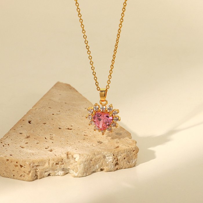 Jóias de aço inoxidável colar de pingente de zircônia cúbica em forma de coração rosa jóias