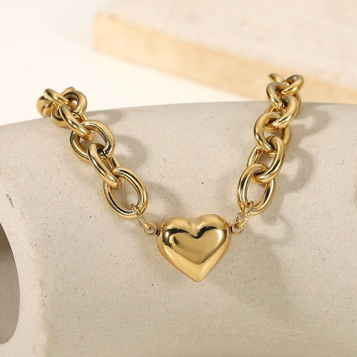 Fashion 14K Gold Thick OShaped Chain Heart Stainless Steel Bracelet