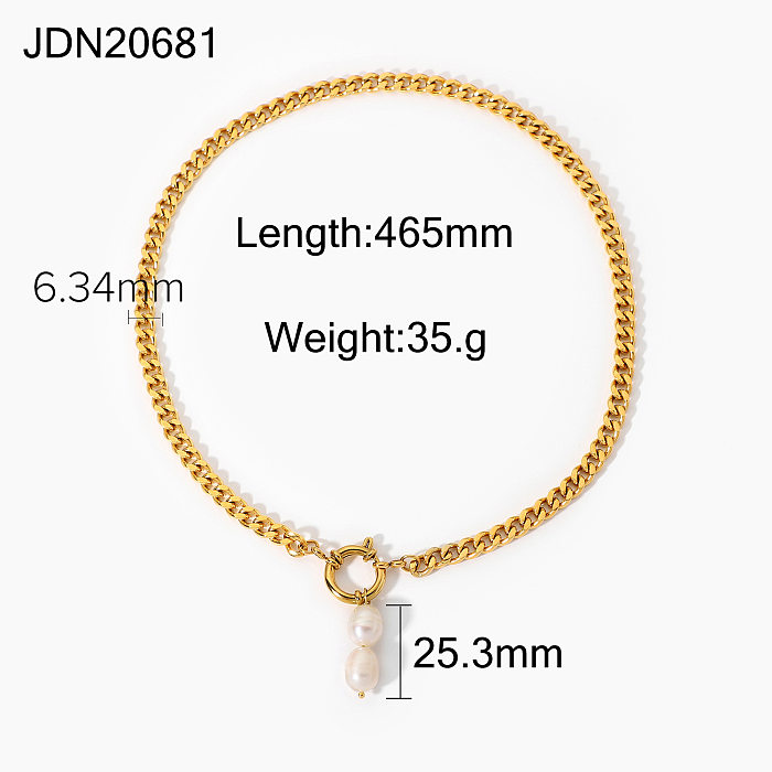 European and American Stainless Steel 18K Gold Stainless Steel Pearl Pendant Spring Clasp Cuban Chain Necklace