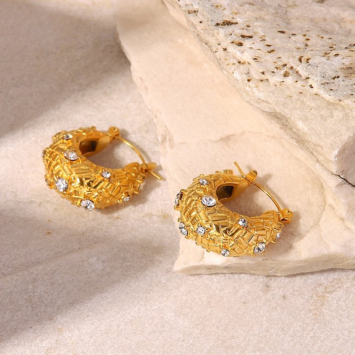 Fashion 18K Gold UShaped Inlaid Zirconium Woven Crisscross Geometric Stainless Steel Earring