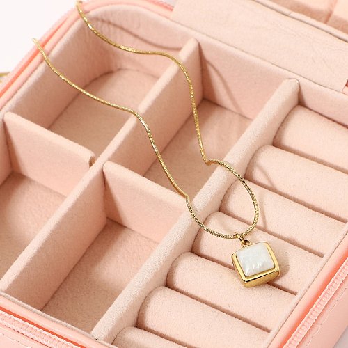 European and American Ins Internet Celebrity Style Simple 14K GoldPlated Stainless Steel Necklace Square White Jade Pendant Womens Necklace Ornament