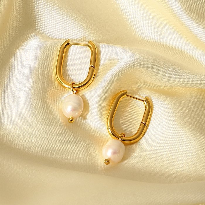 Elegantes pendientes colgantes de acero inoxidable en forma de U Pendientes de acero inoxidable chapados en oro perla