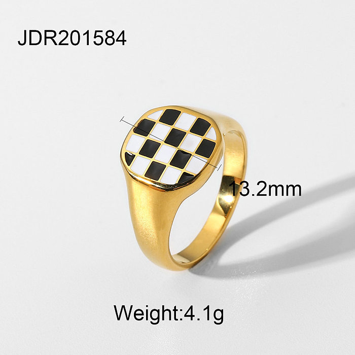 Fashion 18K Gold Plated Stainless Steel Heart Chessboard Check Ring Couple