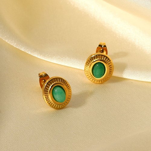 new oval green jade button retro 18K gold stainless steel earrings