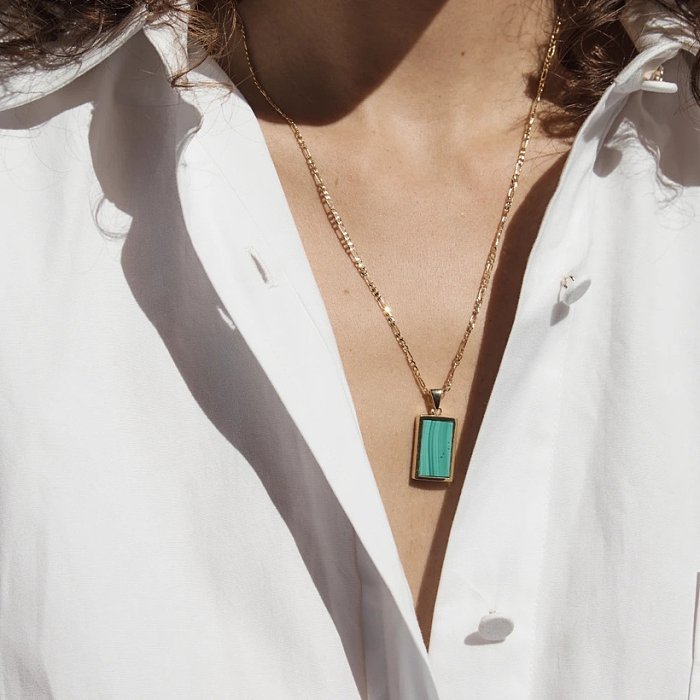 rectangular malachite shell pendant stainless steel necklace