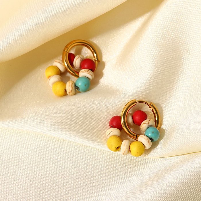 Fashion retro color stone bead ring 18K gold stainless steel earrings