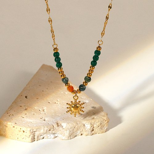 fashion natural stone pendant 18K gold stainless steel sun pendant necklace