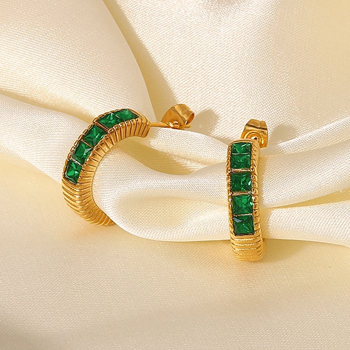 Brinco de aço inoxidável fashion quadrado ouro 18k verde zircão embutido com rosca em forma de CS