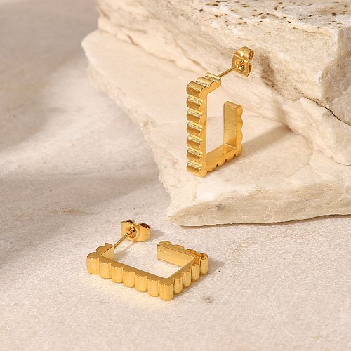 Simple 18K Gold plated embossed Pattern Rectangular CShaped Stainless Steel Earrings