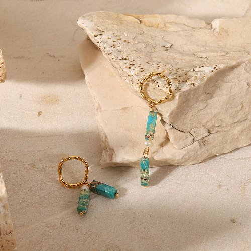 Nouveau style en acier inoxydable plaqué or 18 carats asymétrique long bleu boucles d'oreilles pendantes en pierre naturelle