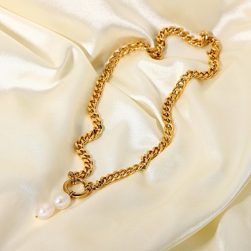 European and American Stainless Steel 18K Gold Stainless Steel Pearl Pendant Spring Clasp Cuban Chain Necklace