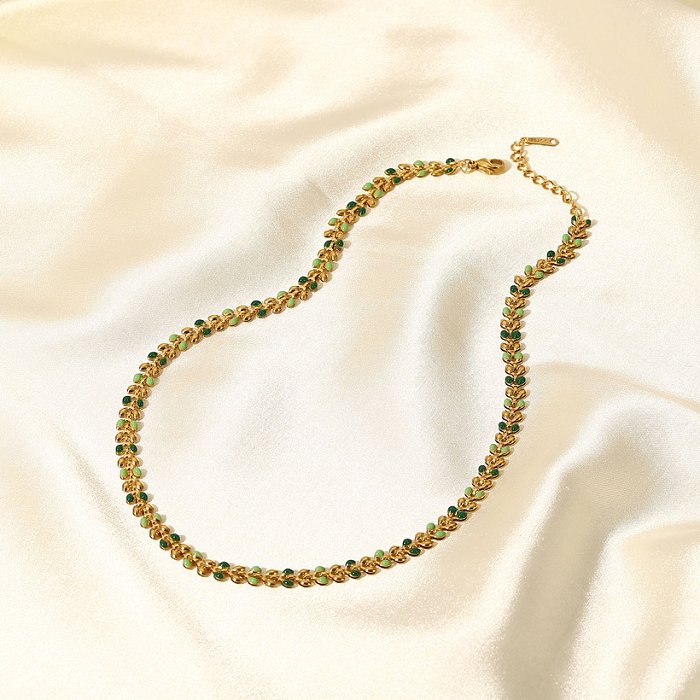Collier en acier inoxydable pour femme avec feuille d'olivier et goutte verte en or 18 carats