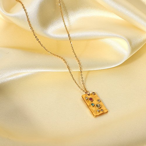 fashion retro 18K stainless steel colored zirconium hammer pattern square tag necklace