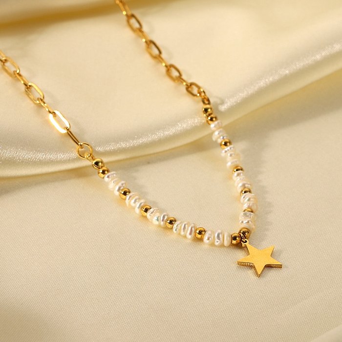 fashion 18K goldplated stainless steel star pendant pearl beads stitching necklace