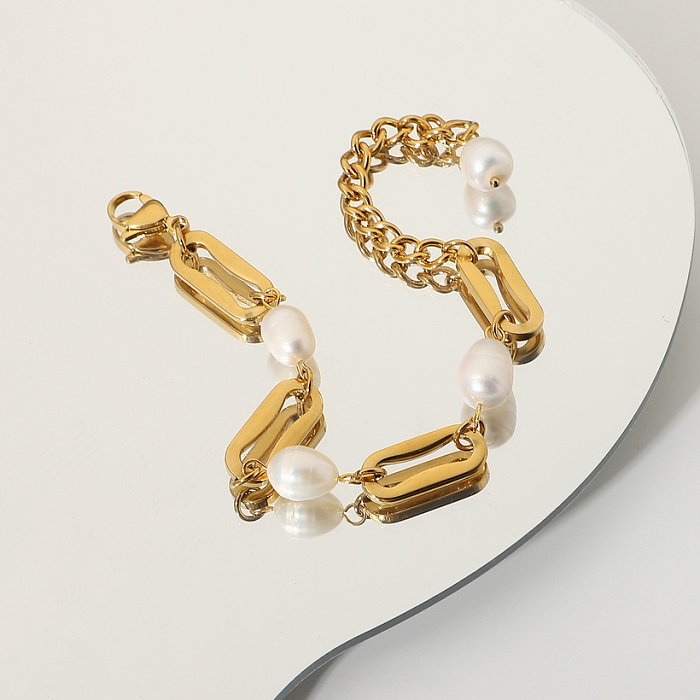 baroque pearl rectangular chain goldplated stainless steel bracelet