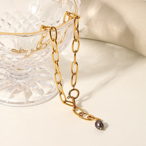 collar de acero inoxidable de oro de 18 quilates con colgante de perla negra de moda