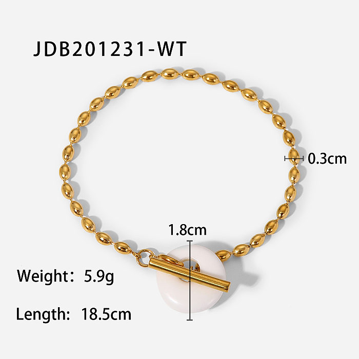 Bracelet en acier inoxydable avec pierre naturelle et chaîne de perles ovales plaquées or 18 carats rétro