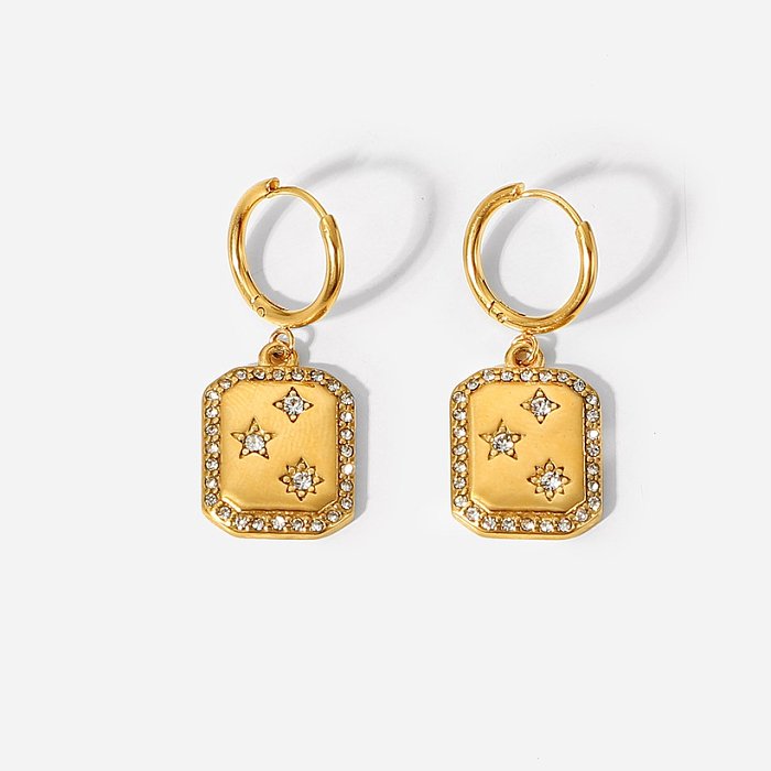 Pendientes colgantes cuadrados con incrustaciones de estrella de circón de círculo completo de acero inoxidable de oro de 18 quilates a la moda