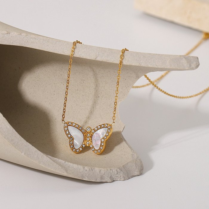 Moda feminina estilo simples borboleta de aço inoxidável zircão colar colares de aço inoxidável