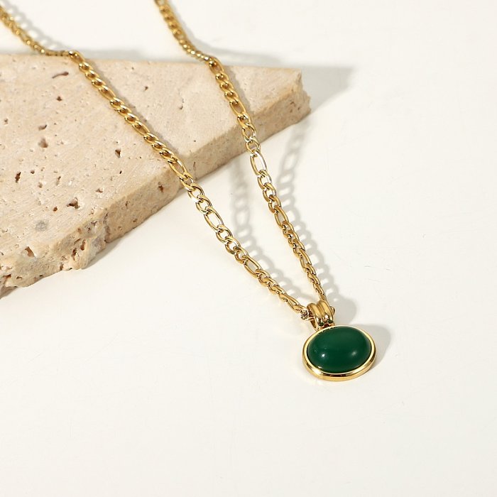 14K Green Aventurine Jade Round Pendant Figaro Chain Stainless Steel Necklace